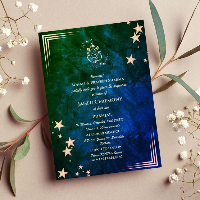 Poite Janeu Upanayanam Hindu Holy Thread Blue Gold Invitation (Creator Uploaded)