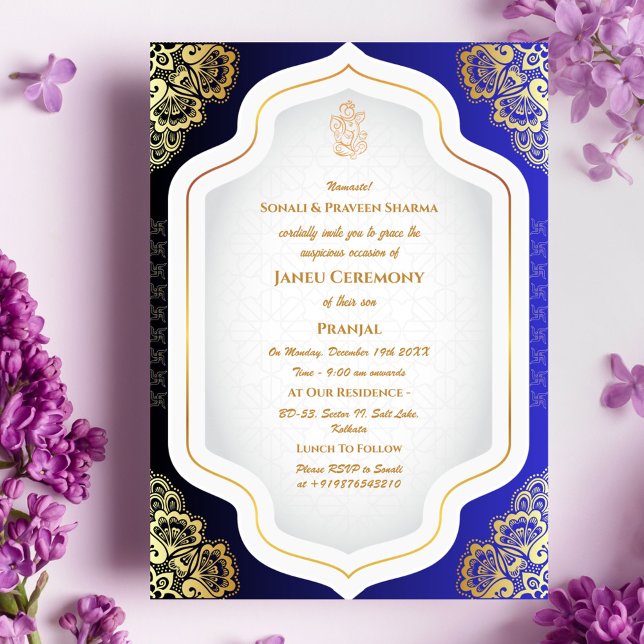 Poite Janeu Upanayanam Hindu Holy Thread Blue Gold Invitation (Creator Uploaded)