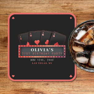Poker Aces Red & Black 21st Birthday Party Square Paper Coaster