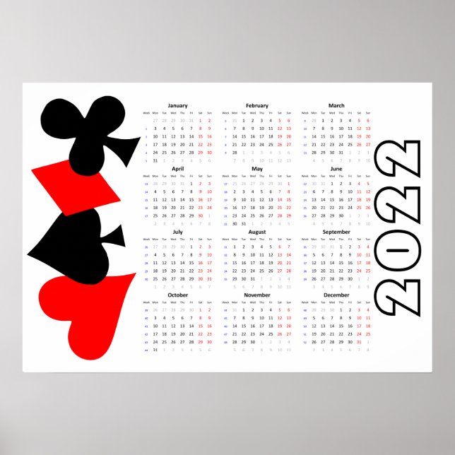 Poker Calendar 2022 Poster - Monday start (Front)