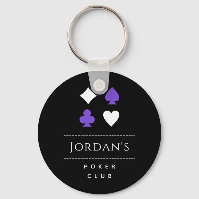 Poker Card Suit Symbols Black White Purple & Name Key Ring (Front)