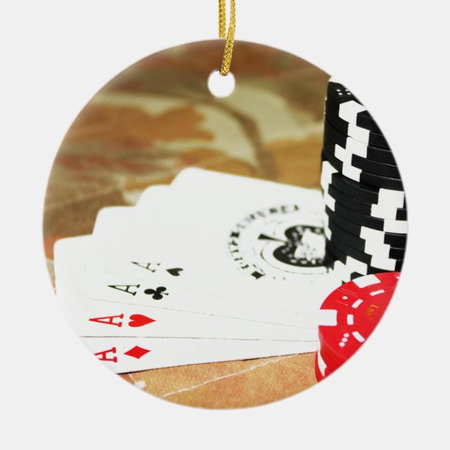 Poker Cards Aces Chips Gambling Casino Win Game Ceramic Ornament (Front)