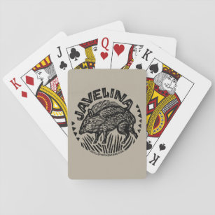 Poker cards with a linocut image of a javelina 