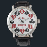 Poker Casino Gambler Card Suits Custom Name Watch<br><div class="desc">This cool poker / casino themed wristwatch has black and red card suits in a circle with stylised, modern watch numbers in white. The spades, clovers, hearts and diamonds circle around the centre, where you can use the easy template to add your name or any other short text you would...</div>
