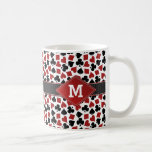 Poker Casino Suit Pattern Monogram Coffee Mug<br><div class="desc">This cool, poker inspired mug has a background pattern made of playing card suits (spades, clovers, hearts, diamonds). A black ribbon graphic runs across the middle, with a red diamond on each side where you can add your initial in white (change the template and it will change on both sides)....</div>