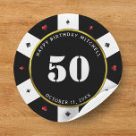 Poker Chip 50th Birthday Party Classic Round Sticker<br><div class="desc">Cool,  black,  white,  red and gold 50th birthday party casino poker chip stickers.  Personalise it with your event details.</div>