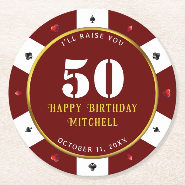 Poker Chip 50th Birthday Party Red Round Paper Coaster (Front)