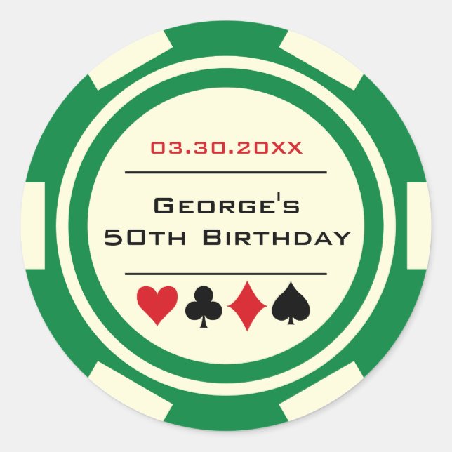 Poker Chip Casino Birthday White Red Green Classic Round Sticker (Front)