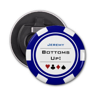 Poker Chip Casino Theme Navy Blue White With Name Bottle Opener