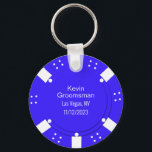 Poker Chip Casino Themed Wedding Favor Key Ring<br><div class="desc">Las Vegas casino gambling themed wedding groomsman key chain gift done in a blue and white poker chip look.  Personalize all the text fields  to suit your  wedding needs.  Matching products are available.</div>