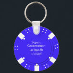 Poker Chip Casino Themed Wedding Favor Key Ring<br><div class="desc">Las Vegas casino gambling themed wedding groomsman key chain gift done in a blue and white poker chip look.  Personalize all the text fields  to suit your  wedding needs.  Matching products are available.</div>