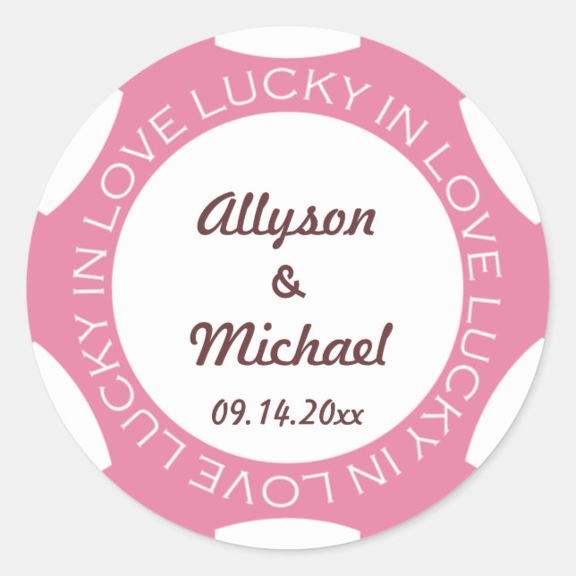 Poker chip lucky in love wedding favour label pink (Front)
