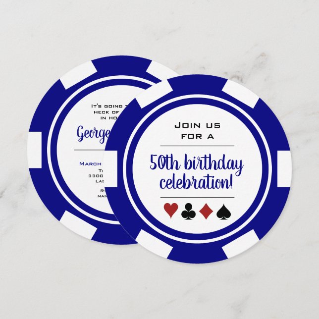 Poker Chip Navy Blue White Vegas Casino Birthday Invitation (Front/Back)
