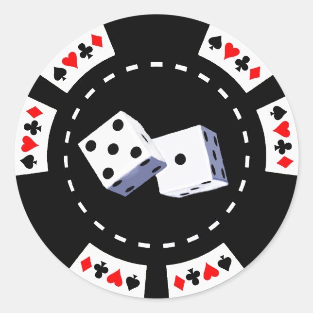 POKER CHIP WITH DICE ORNAMENT CLASSIC ROUND STICKER (Front)