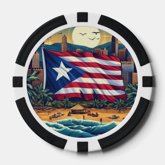 Poker Chips with Puerto Rico Flag Over Beach (Front)
