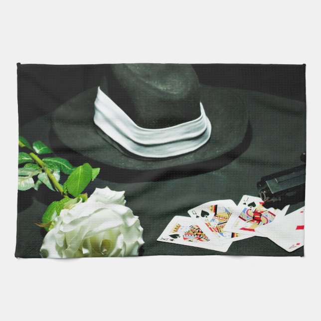 Poker gangster gun rose tea towel (Horizontal)