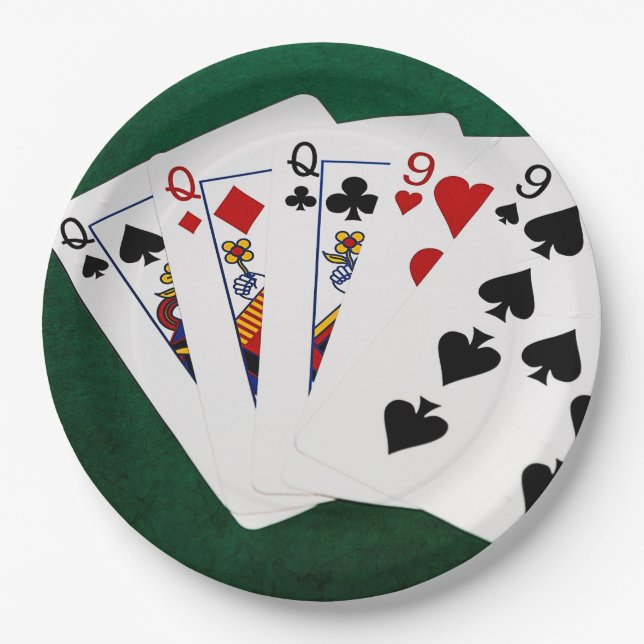 Poker Hands - Full House - Queen and Nine Paper Plate (Front)