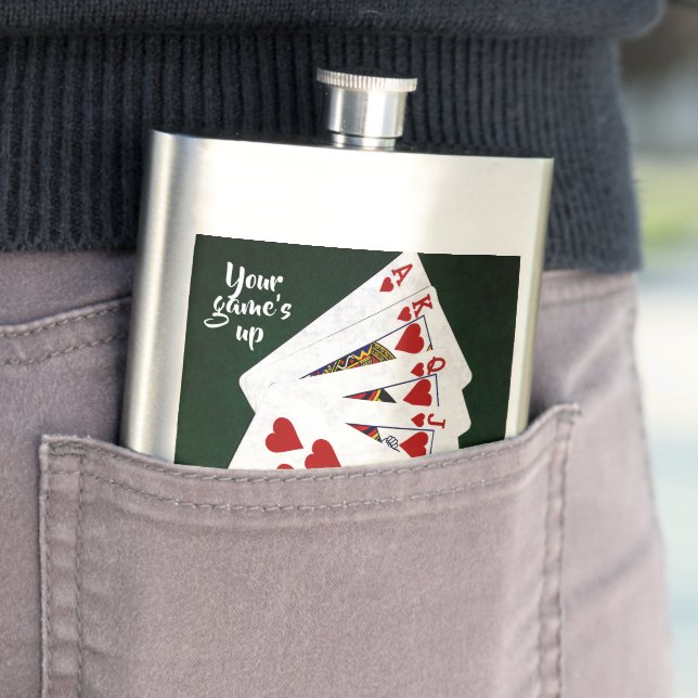 Poker Hands - Hearts Royal Flash. Your game's up Hip Flask (In Situ)