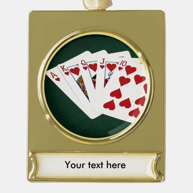 Poker Hands - Royal Flush - Hearts Suit Gold Plated Banner Ornament (Front)