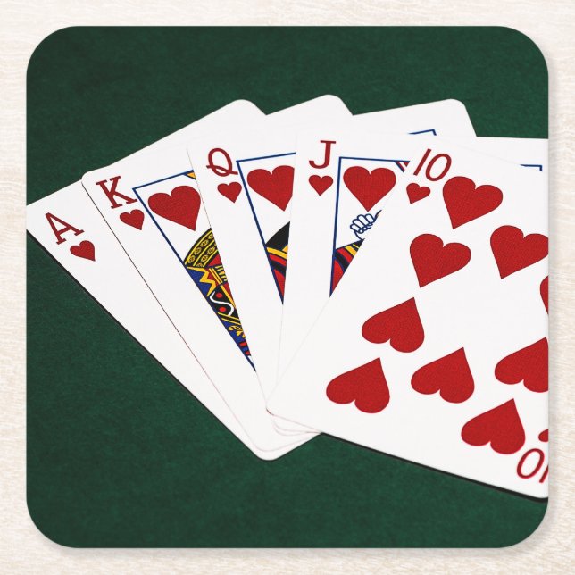Poker Hands - Royal Flush - Hearts Suit Square Paper Coaster (Front)