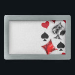 Poker Player Gambler Playing Card Suits Las Vegas Belt Buckle<br><div class="desc">Grey,  textured background with polygonal playing cards symbols. Symbols of playing cards,  heart,  diamond,  spade and club.</div>