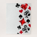 Poker Player Gambler Playing Card Suits Las Vegas Jigsaw Puzzle<br><div class="desc">Grey,  textured background with polygonal playing cards symbols. Symbols of playing cards,  heart,  diamond,  spade and club.</div>