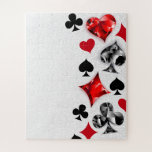 Poker Player Gambler Playing Card Suits Las Vegas Jigsaw Puzzle<br><div class="desc">Grey,  textured background with polygonal playing cards symbols. Symbols of playing cards,  heart,  diamond,  spade and club.</div>