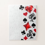 Poker Player Gambler Playing Card Suits Las Vegas Jigsaw Puzzle<br><div class="desc">Grey,  textured background with polygonal playing cards symbols. Symbols of playing cards,  heart,  diamond,  spade and club.</div>