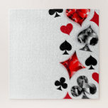 Poker Player Gambler Playing Card Suits Las Vegas Jigsaw Puzzle<br><div class="desc">Grey,  textured background with polygonal playing cards symbols. Symbols of playing cards,  heart,  diamond,  spade and club.</div>
