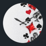 Poker Player Gambler Playing Card Suits Las Vegas Large Clock<br><div class="desc">Grey,  textured background with polygonal playing cards symbols. Symbols of playing cards,  heart,  diamond,  spade and club.</div>