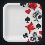Poker Player Gambler Playing Card Suits Las Vegas Paper Plate<br><div class="desc">Grey,  textured background with polygonal playing cards symbols. Symbols of playing cards,  heart,  diamond,  spade and club.</div>