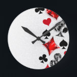 Poker Player Gambler Playing Card Suits Las Vegas Round Clock<br><div class="desc">Grey,  textured background with polygonal playing cards symbols. Symbols of playing cards,  heart,  diamond,  spade and club.</div>