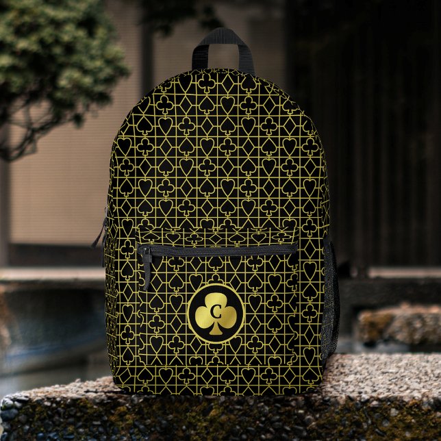 Poker Player Monogram Club Black Gold Card Suits Printed Backpack (Creator Uploaded)