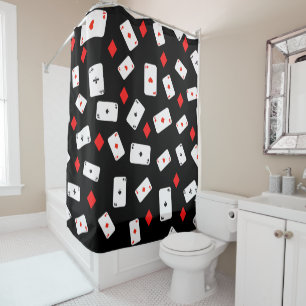 Poker Themed Playing Cards and Red Diamond Pattern Shower Curtain
