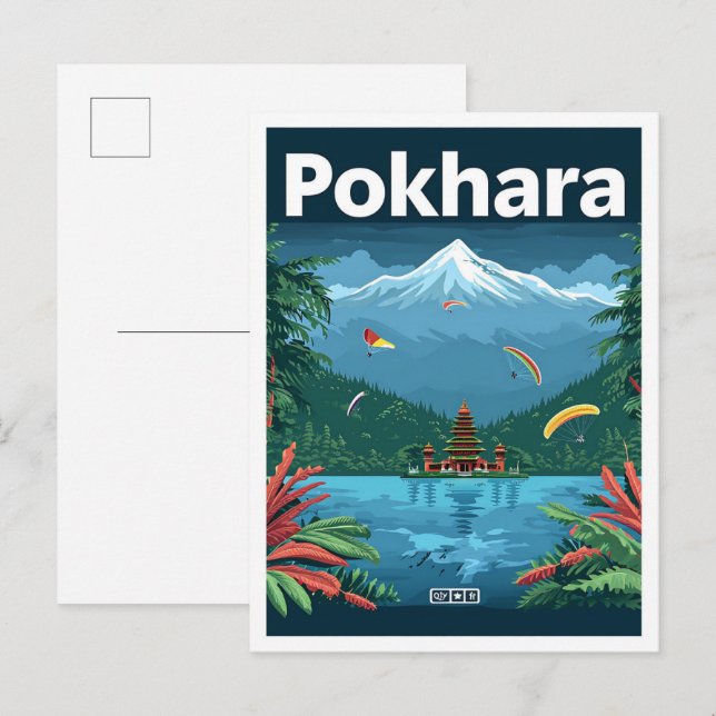 Pokhara Nepal Vintage Art Travel Illustration Postcard (Front/Back)