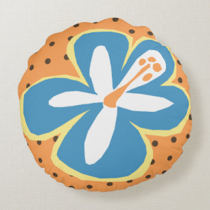 Pokii Hawaiian Aloha Hibiscus Polka Dot Reversible Round Cushion
