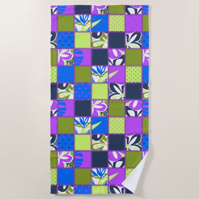 Pokii Hawaiian Floral and Dot Patchwork Purple Beach Towel (Front)