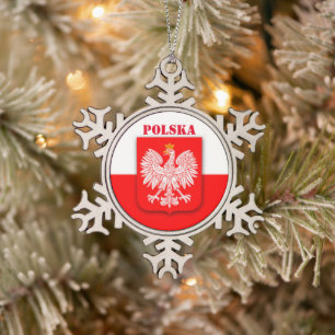 Poland Flag Emblem Heritage Patriotic Polska Snowflake Pewter Christmas Ornament