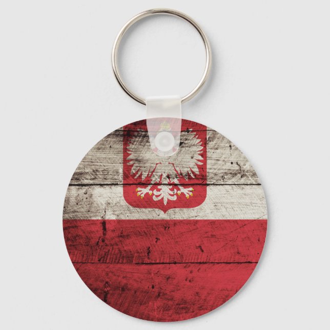 Poland Flag on Old Wood Grain Key Ring (Front)