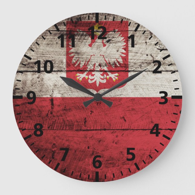 Poland Flag on Old Wood Grain Large Clock (Front)