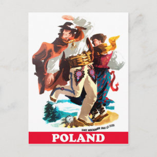 Poland folk dancers, vintage travel postcard