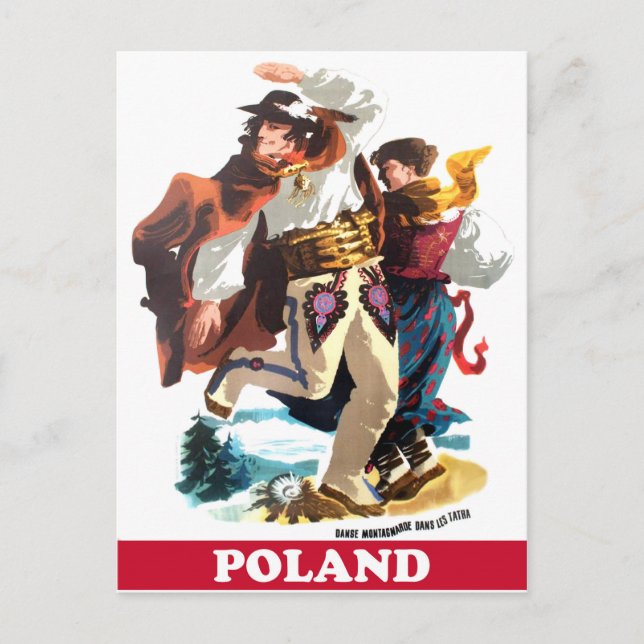 Poland folk dancers, vintage travel postcard (Front)