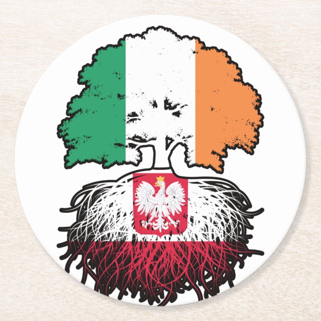 Poland Polish Irish Ireland Tree Roots Flag Round Paper Coaster (Front)