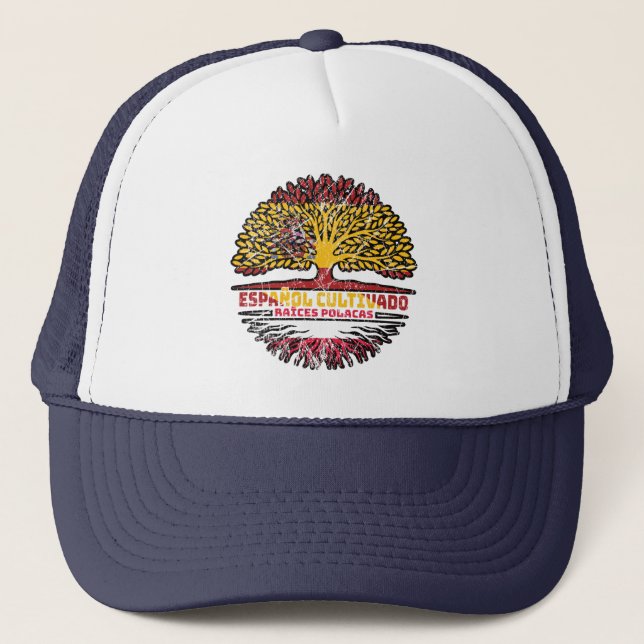 Poland Polish Spain Spanish Tree Roots Flag Trucker Hat (Front)