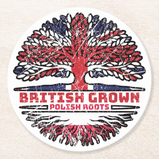 Poland Polish Uk United Kingdom British Tree Roots Round Paper Coaster (Front)