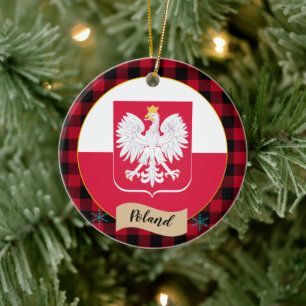 Poland, Red buffalo plaid & Polish Flag Ceramic Ornament