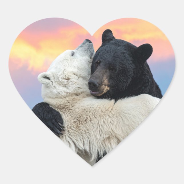 Polar and black bear hugging heart sticker (Front)