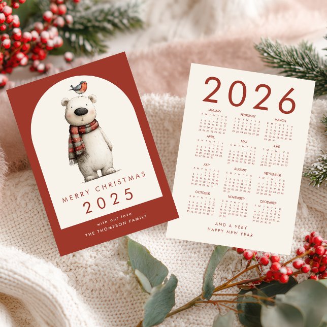 Polar Bear 2026 Calendar Merry Christmas Holiday Card (front and back view)
