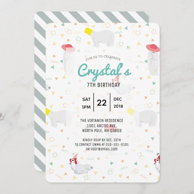 Polar Bear '80s Colourful White Birthday Invitatio Invitation (Front/Back)