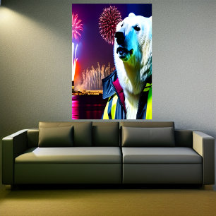 Polar bear and firework in the city   AI Art  Poster
